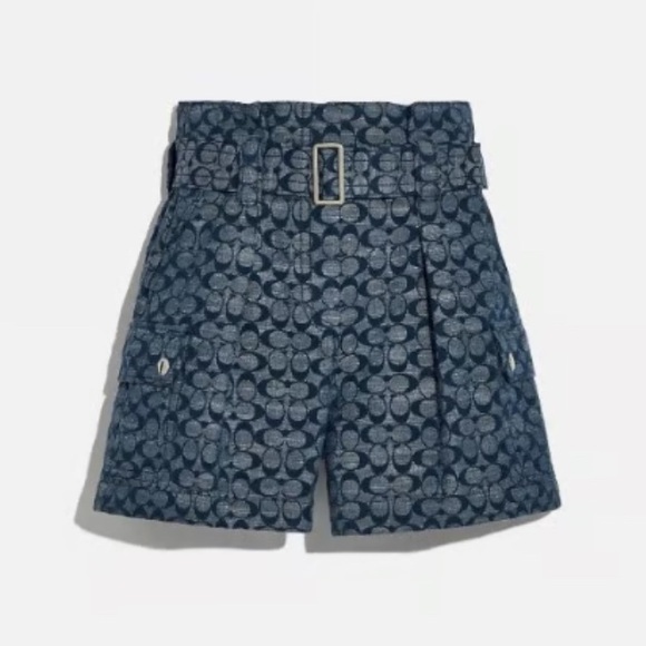 Coach Pants - Coach NWOT Chambray High Waisted Retro Cotton Denim Blue Belted Shorts (Size 2)